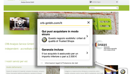 Screenshot der neuen italienischen Version der CRB Analyse Service Gmbh mit Trusted Shop-Zertifizierung - https://www.crb-gmbh.com/it | © CRB Analyse Service GmbH